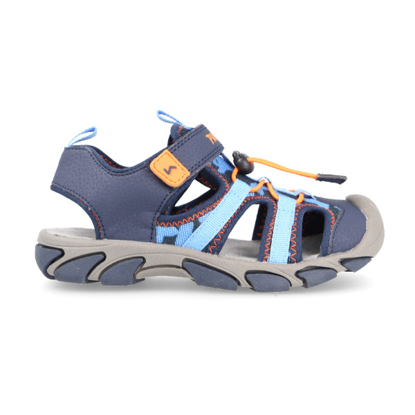 Sandals for children closed with double adjustment for greater protection in blue with orange brushstrokes